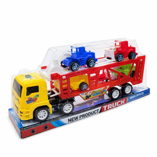 Camion transport masini cu utilaje colorate, jucarie camion platforma galben rosu 30 cm