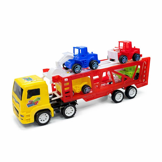 Camion transport masini cu utilaje colorate, jucarie camion platforma galben rosu 30 cm