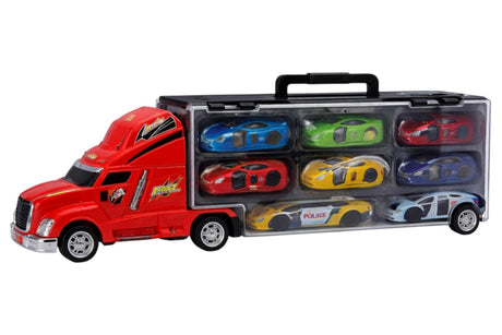 Camion transportor de mașini cu 6 mașinuțe metalice incluse, 41 cm