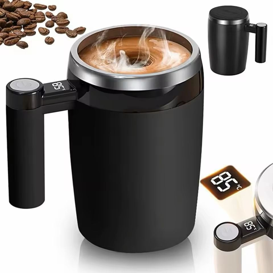 Cana inteligenta cu amestecare automata si afisaj temperatura LCD, reincarcabila USB, 400 ml, negru