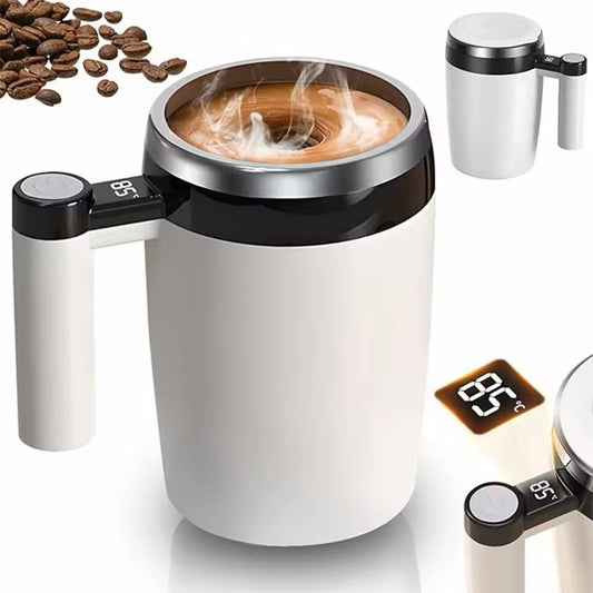 Cana inteligenta cu amestecare automata si afisaj temperatura LCD, reincarcabila USB, 400 ml, alb