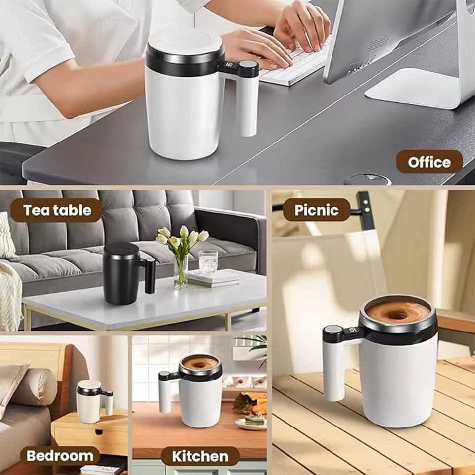 Cana inteligenta cu amestecare automata si afisaj temperatura LCD, reincarcabila USB, 400 ml, alb