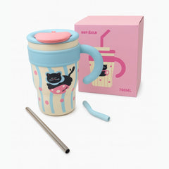 Cana Termo 700ml cu Maner si Pai Metalic , Model Pisicuta, Hot Cold