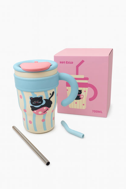Cana Termo 700ml cu Maner si Pai Metalic , Model Pisicuta, Hot Cold