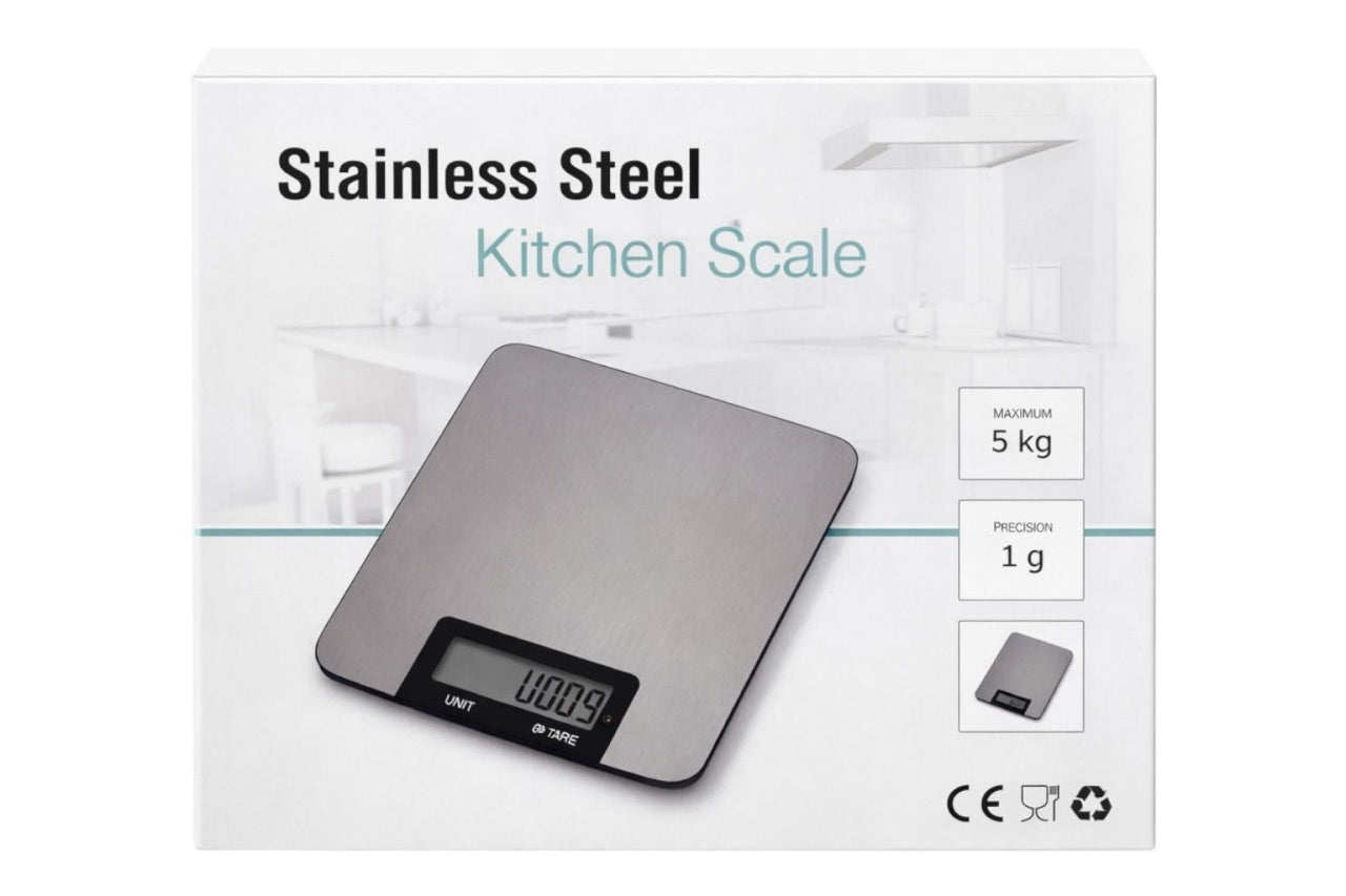Cantar de bucatarie digital din otel inoxidabil, capacitate 5 kg, gri, afisaj temperatura si timer