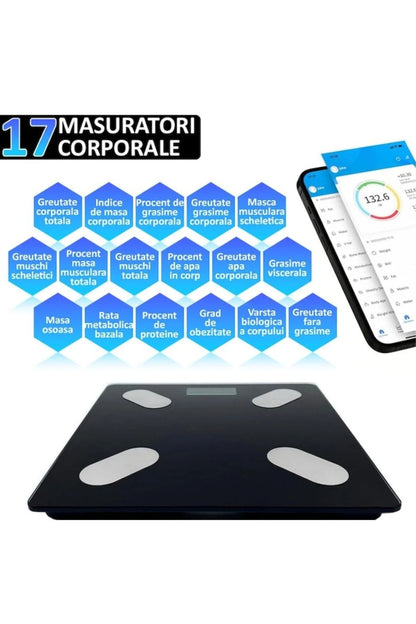Cântar digital inteligent Bluetooth negru cu ecran LED și tehnologie STEP-ON