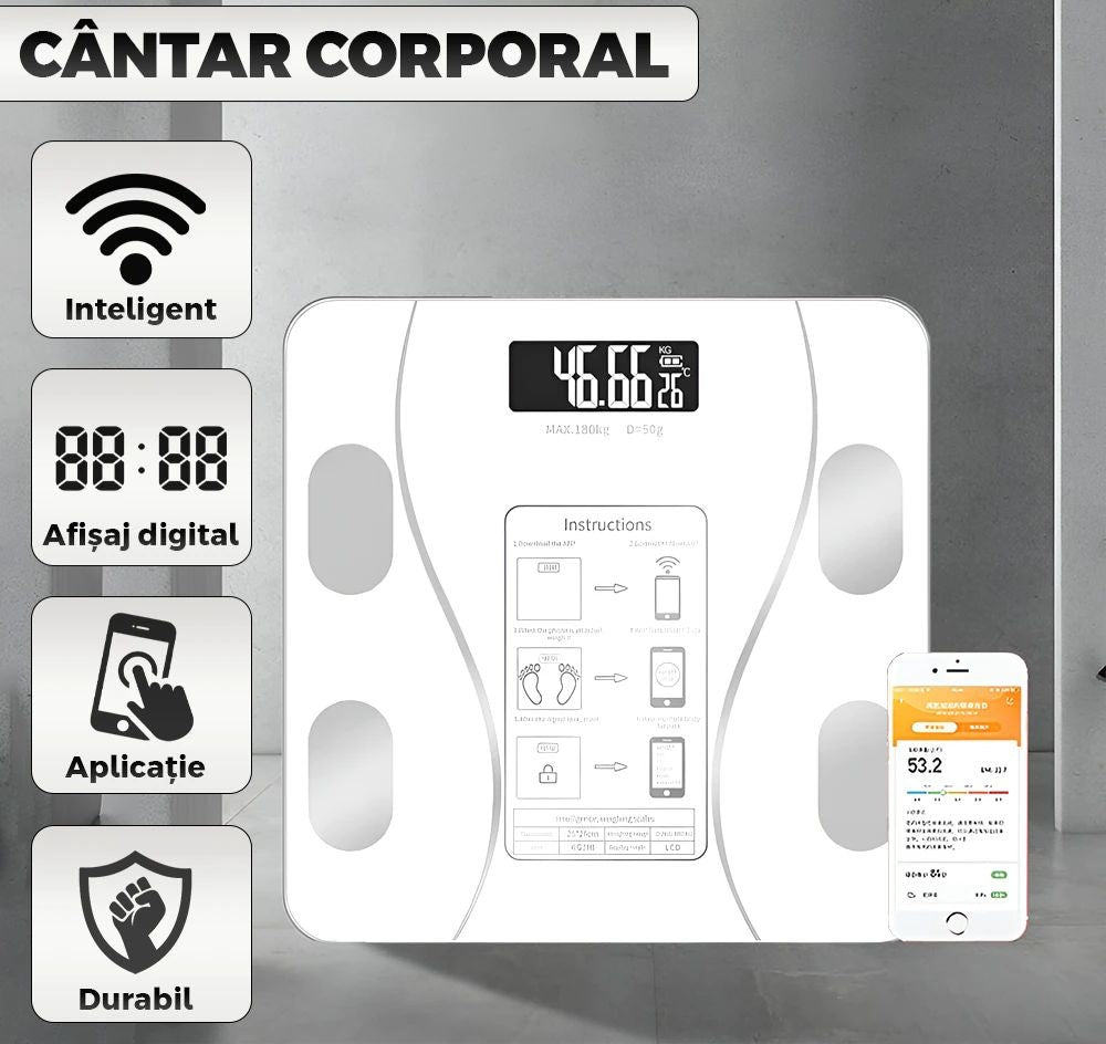 Cântar inteligent cu conectivitate app, analizator corporal digital, sticlă și plastic, alb