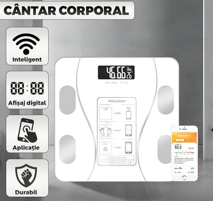 Cântar inteligent cu conectivitate app, analizator corporal digital, sticlă și plastic, alb