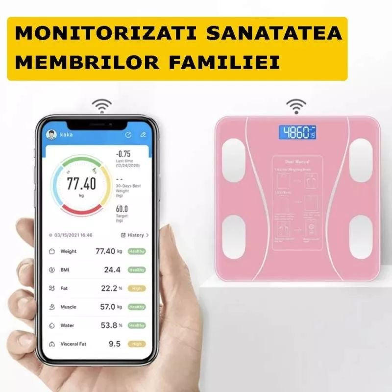 Cântar inteligent cu conectivitate app, analizator corporal digital, sticlă și plastic, roz