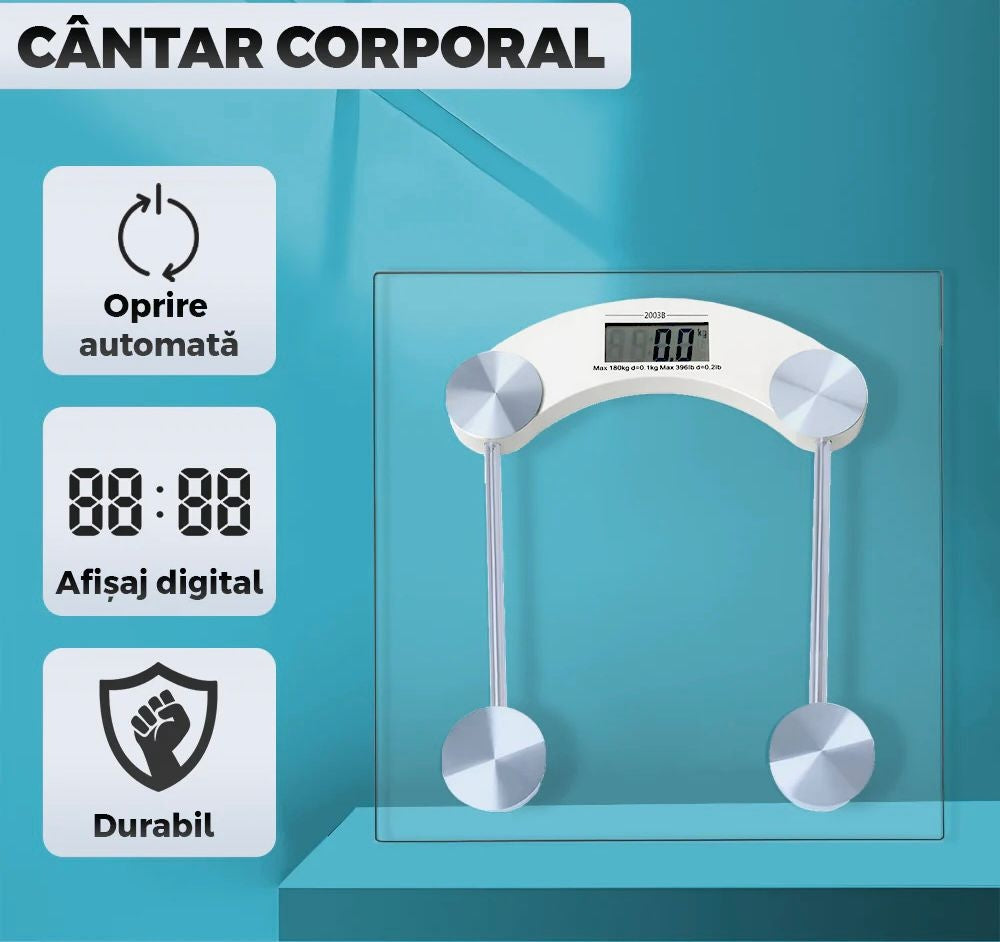 Cântar personal digital cu suprafață de sticlă, transparent