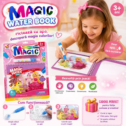 Carte de Colorat cu Apă Magică Reutilizabilă pentru Fetițe 3+ Ani – Prințese și Unicorn
