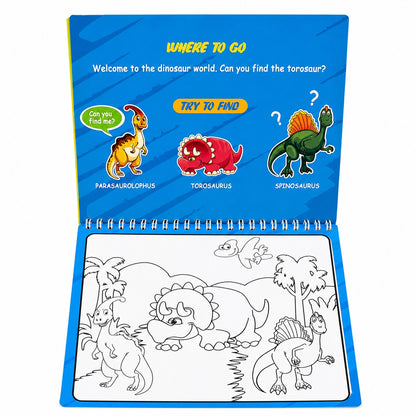 Carte reutilizabila cu apa pentru colorat copii, Dinozauri, 23x33cm