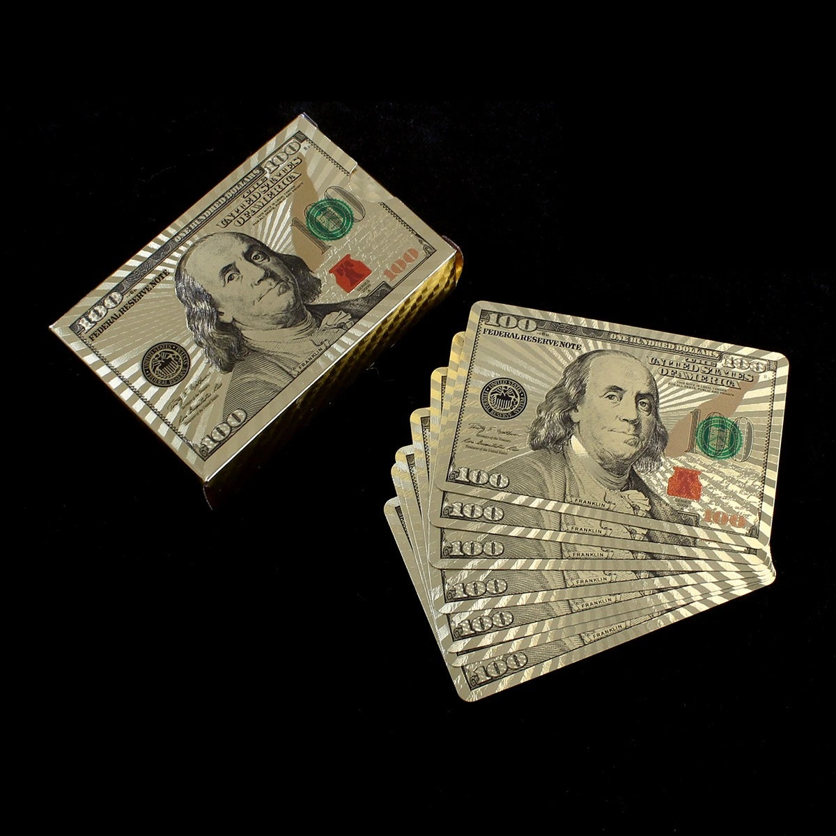 Carti de Joc Luxury cu Cutie Tip 100 USD, Set Premium Metalic, Poker Edition