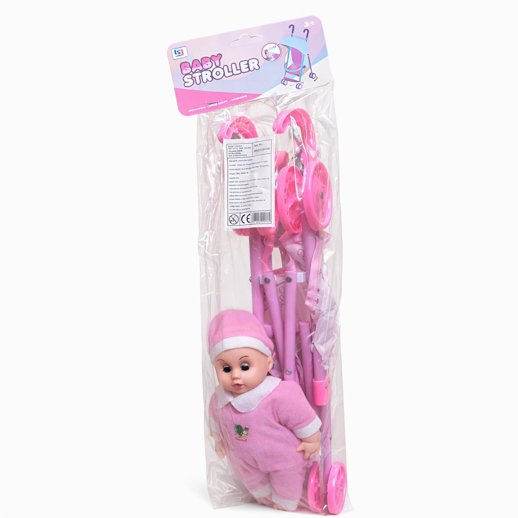 Cărucior de jucărie roz cu păpușă, plastic, 22x42x50 cm, pentru joc de rol