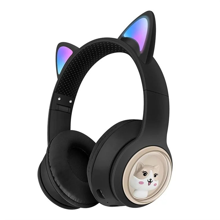 Casti wireless Bluetooth cu urechi de pisica LED, pliabile, pentru copii si adulti, negre