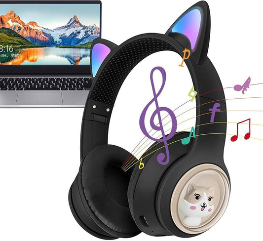 Casti wireless Bluetooth cu urechi de pisica LED, pliabile, pentru copii si adulti, negre