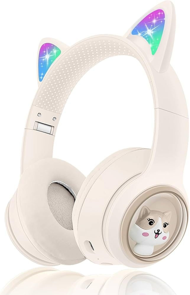 Casti wireless Bluetooth cu urechi de pisica LED, pliabile, pentru copii si adulti, crem