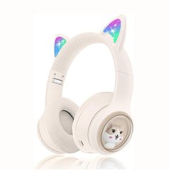 Casti wireless Bluetooth cu urechi de pisica LED, pliabile, pentru copii si adulti, crem