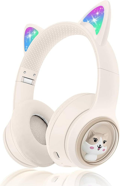 Casti wireless Bluetooth cu urechi de pisica LED, pliabile, pentru copii si adulti, crem