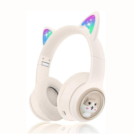 Casti wireless Bluetooth cu urechi de pisica LED, pliabile, pentru copii si adulti, crem