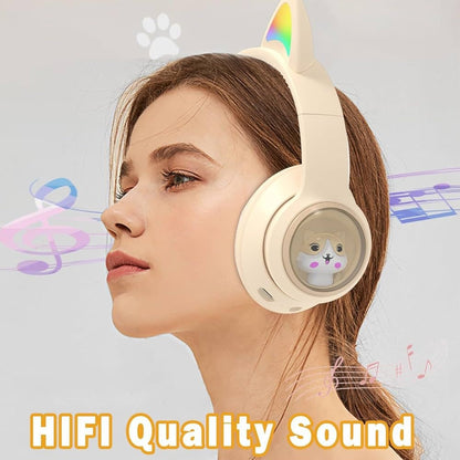 Casti wireless Bluetooth cu urechi de pisica LED, pliabile, pentru copii si adulti, crem