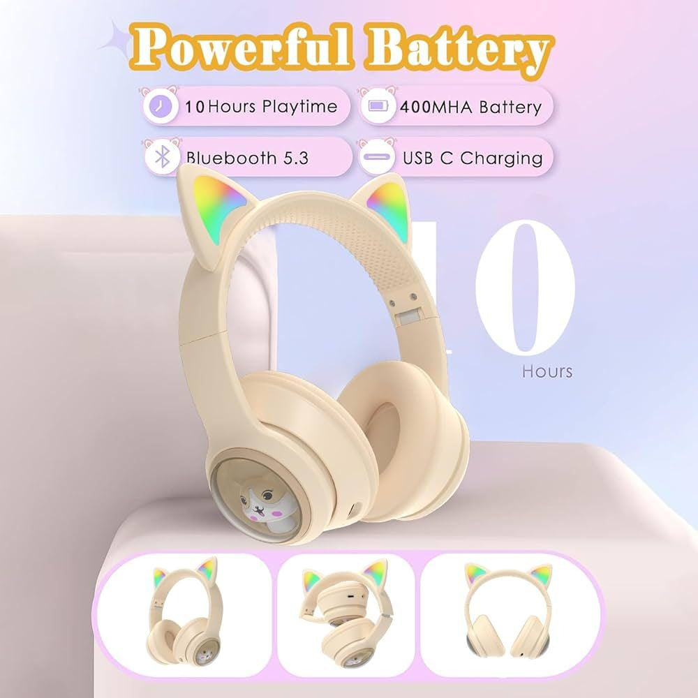 Casti wireless Bluetooth cu urechi de pisica LED, pliabile, pentru copii si adulti, crem