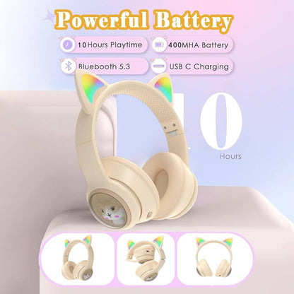 Casti wireless Bluetooth cu urechi de pisica LED, pliabile, pentru copii si adulti, crem