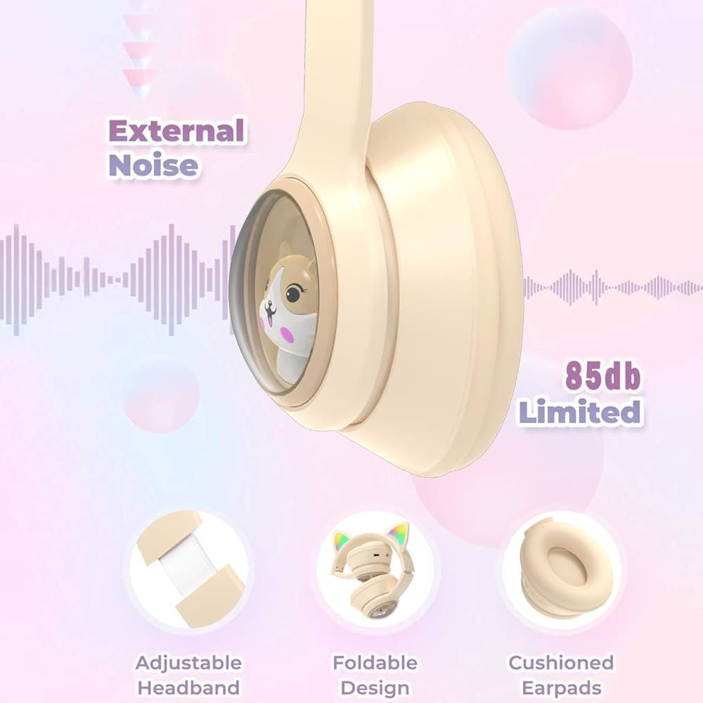 Casti wireless Bluetooth cu urechi de pisica LED, pliabile, pentru copii si adulti, crem
