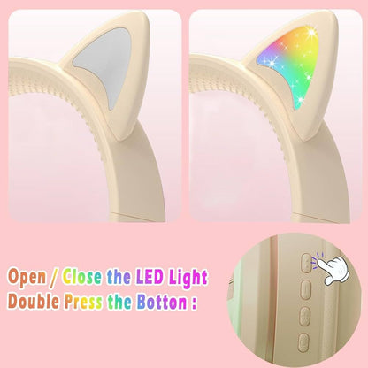Casti wireless Bluetooth cu urechi de pisica LED, pliabile, pentru copii si adulti, crem