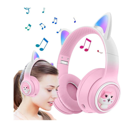 Casti wireless Bluetooth cu urechi de pisica LED, pliabile, pentru copii si adulti, roz