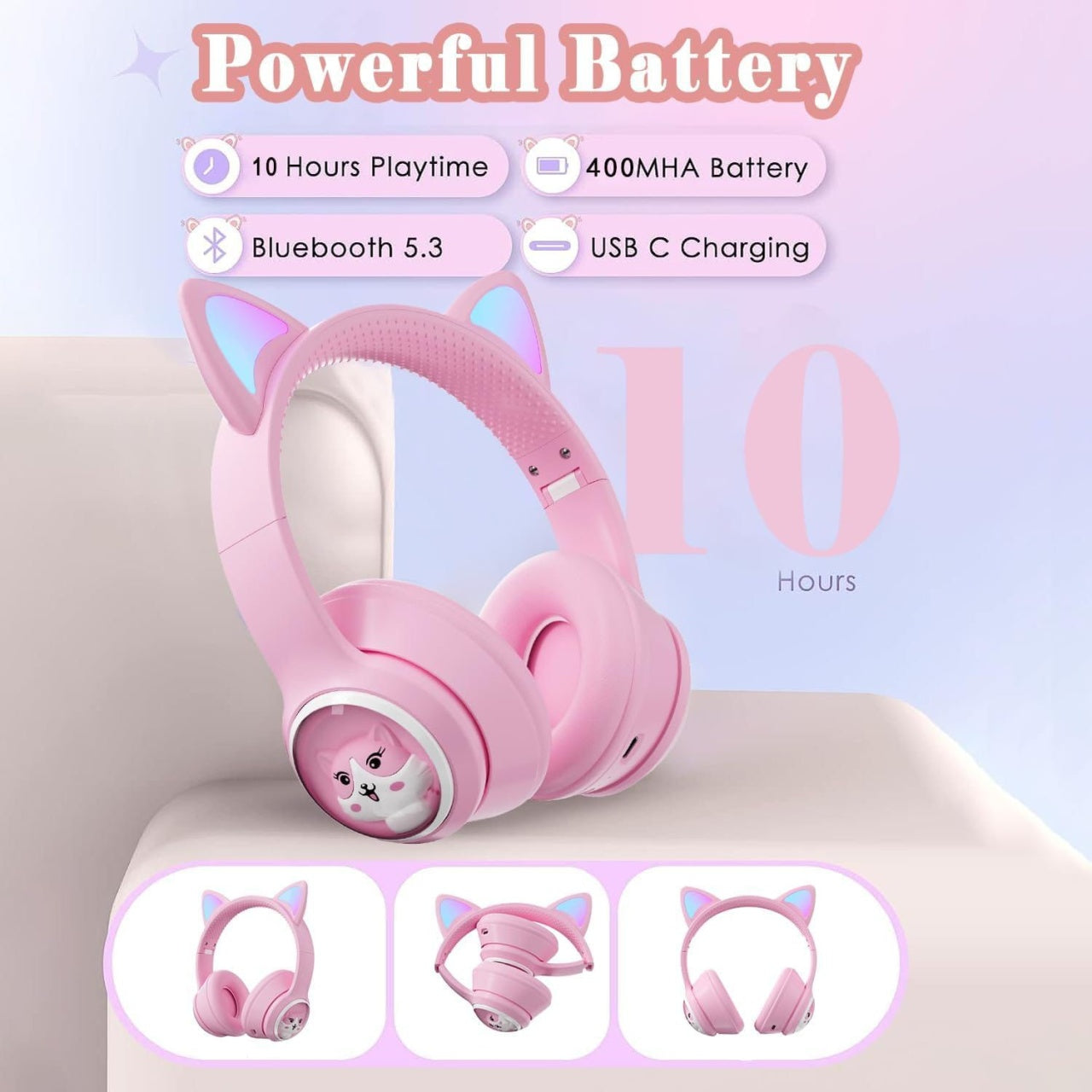 Casti wireless Bluetooth cu urechi de pisica LED, pliabile, pentru copii si adulti, roz