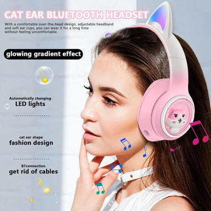 Casti wireless Bluetooth cu urechi de pisica LED, pliabile, pentru copii si adulti, roz