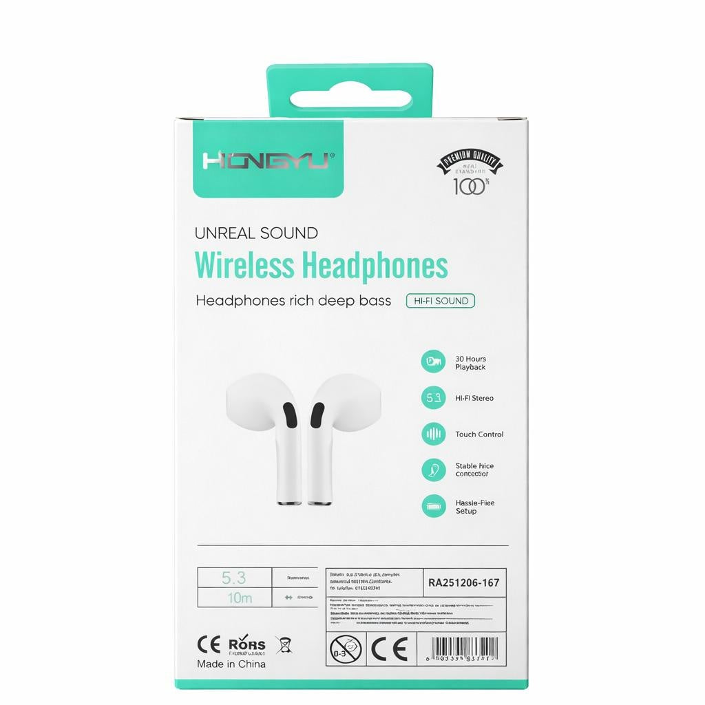 Căști wireless Bluetooth Hongyu HY-B110 cu cutie de încărcare, Hi-Fi stereo, Albe