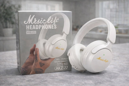 Casti wireless Bluetooth Music Life AKZ22 cu microfon, stereo HD si bass puternic alb