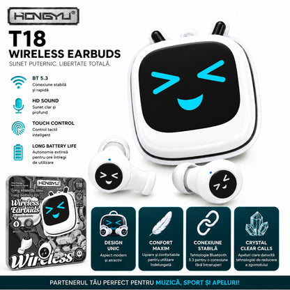 Căști Wireless Bluetooth T18 Albe – Earbuds BT 5.3 cu Sunet HD și Touch Control