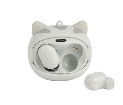 Căști wireless Bluetooth TWS cu carcasă forma pisică și breloc, încărcare USB-C