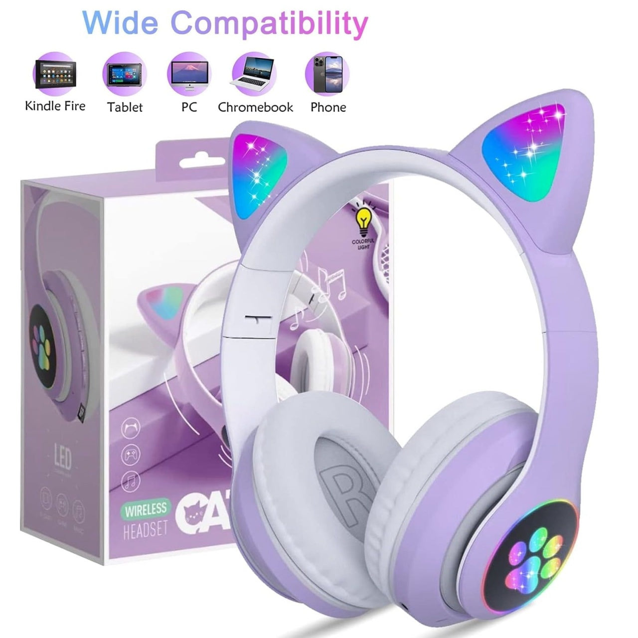 Căști wireless cu urechi de pisică și lumini LED, design ergonomic, mov