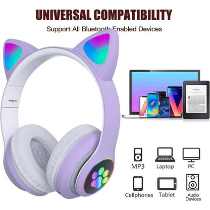Căști wireless cu urechi de pisică și lumini LED, design ergonomic, mov