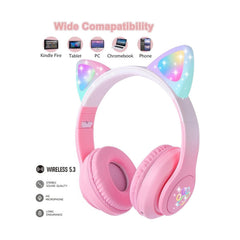 Căști wireless cu urechi de pisică și lumini LED, design ergonomic, roz
