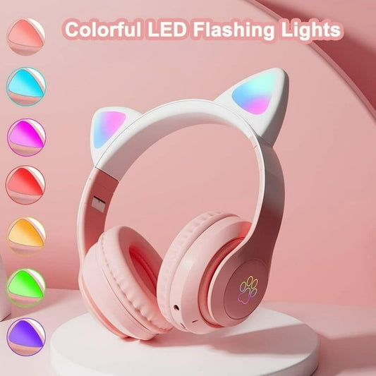 Căști wireless cu urechi de pisică și lumini LED, design ergonomic, roz