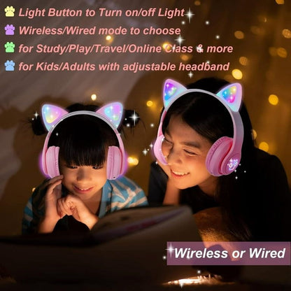 Căști wireless cu urechi de pisică și lumini LED, design ergonomic, roz