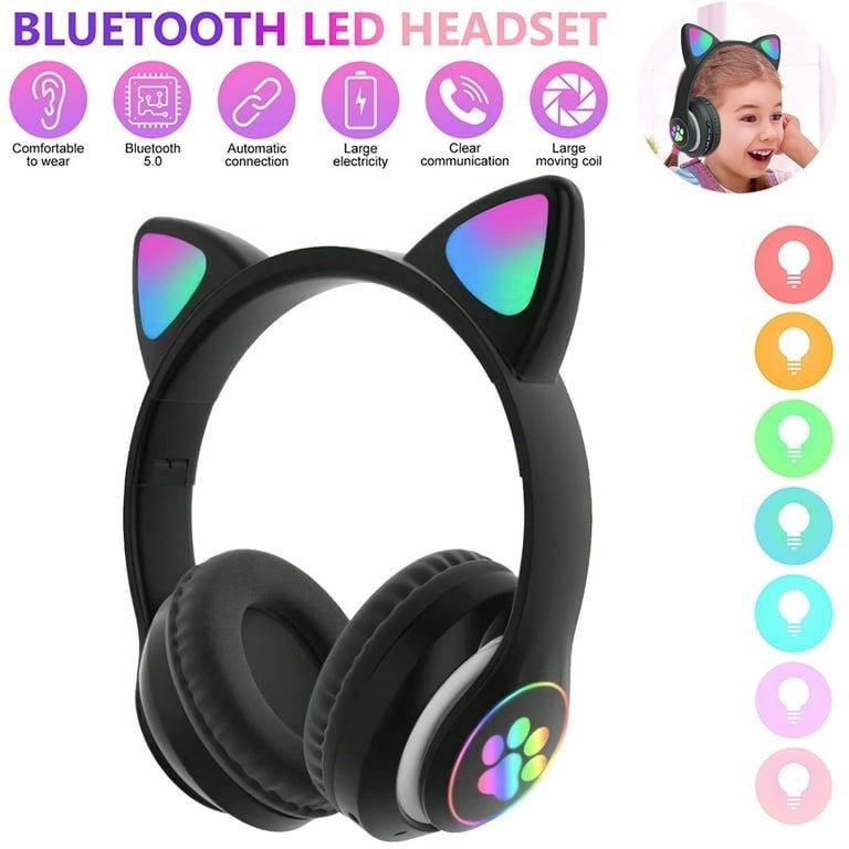 Căști wireless cu urechi de pisică și lumini LED, design ergonomic, Negru