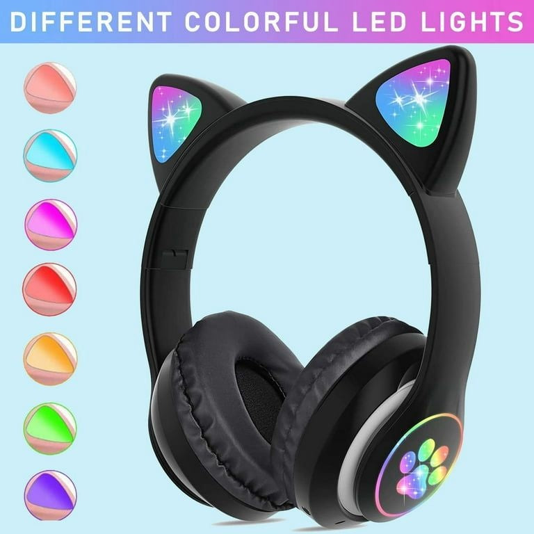 Căști wireless cu urechi de pisică și lumini LED, design ergonomic, Negru