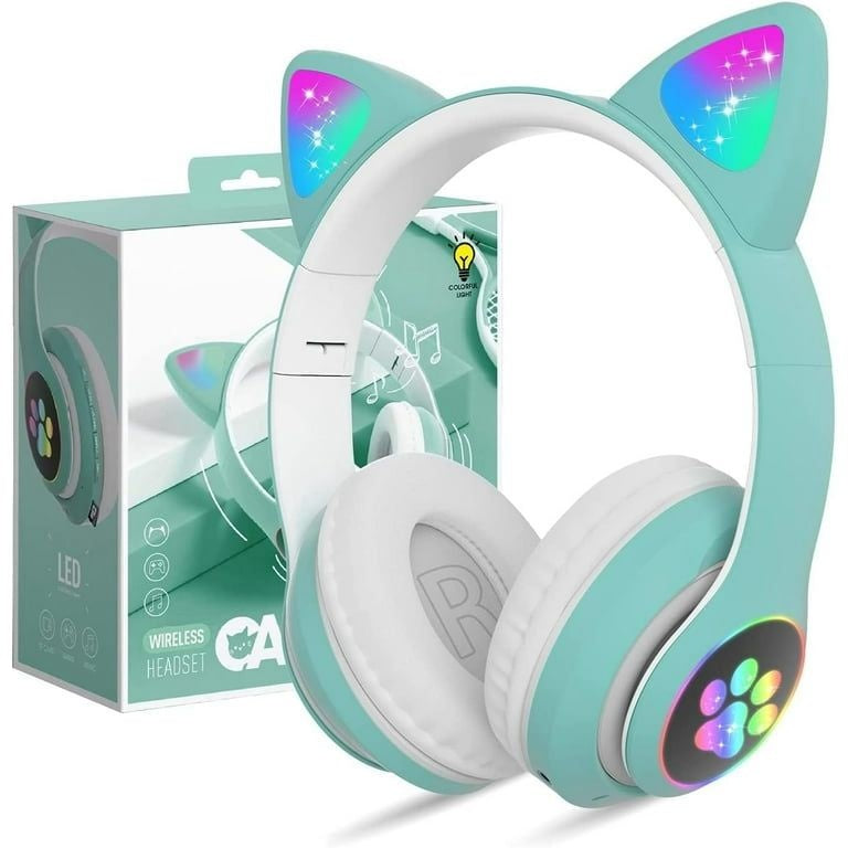 Căști wireless cu urechi de pisică și lumini LED, design ergonomic, turcoaz