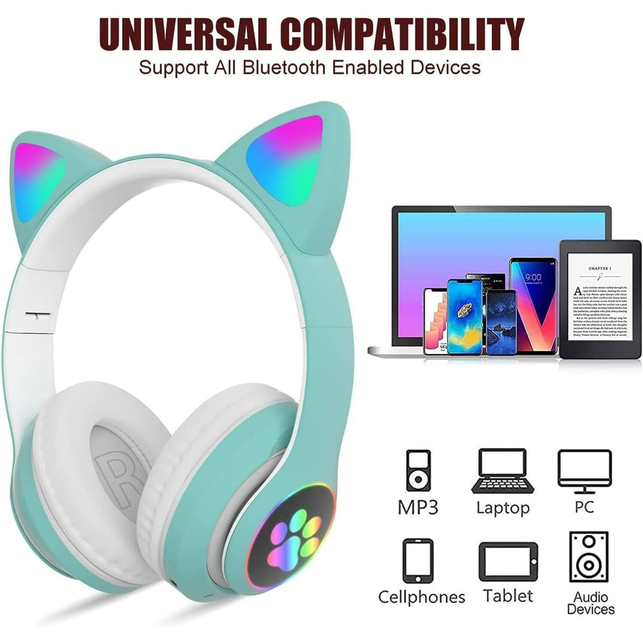 Căști wireless cu urechi de pisică și lumini LED, design ergonomic, turcoaz