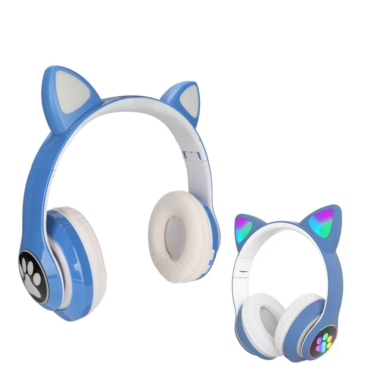 Căști wireless cu urechi de pisică și lumini LED, design ergonomic, Albastru