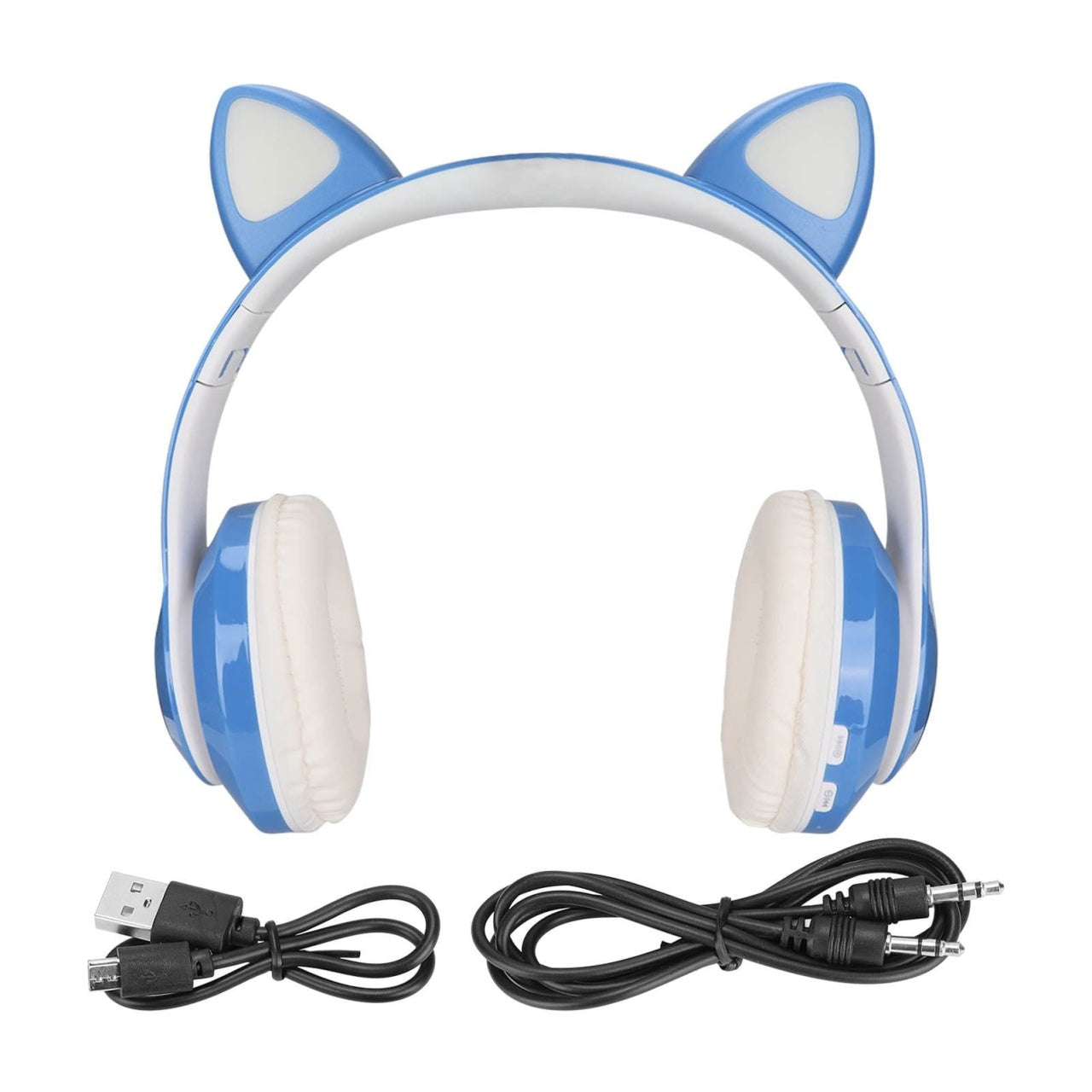 Căști wireless cu urechi de pisică și lumini LED, design ergonomic, Albastru