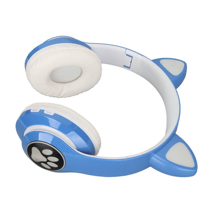 Căști wireless cu urechi de pisică și lumini LED, design ergonomic, Albastru
