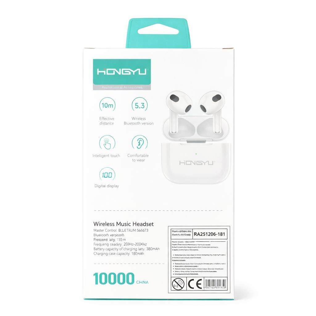 Căști wireless TWS Hongyu HY-BT04 Bluetooth 5.3, control touch, albe