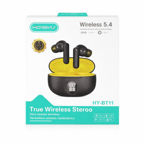 Căști wireless TWS Hongyu HY-BT11 Bluetooth 5.4 cu display LED, negru-galben